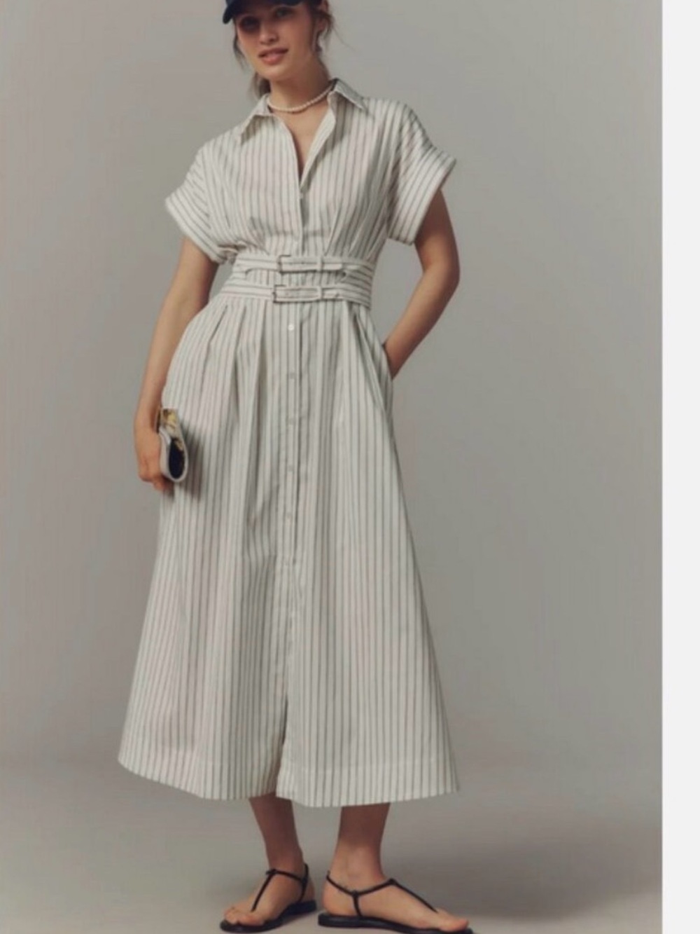 Anthropologie The Tobie
Double Buckle Shirt Dress by Exquise Pinstripe SP NWT